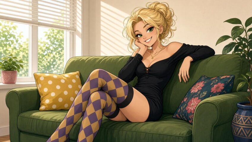 Comic of a playful blonde cartoon character lounging on a green couch in patterned stockings
