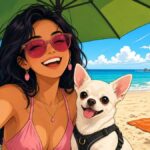 Who Is Really the Star of This Beach Selfie, the Lady or the Chihuahua? Comic illustration of a smiling woman in sunglasses taking a beach selfie while a proud white chihuahua steals the picture