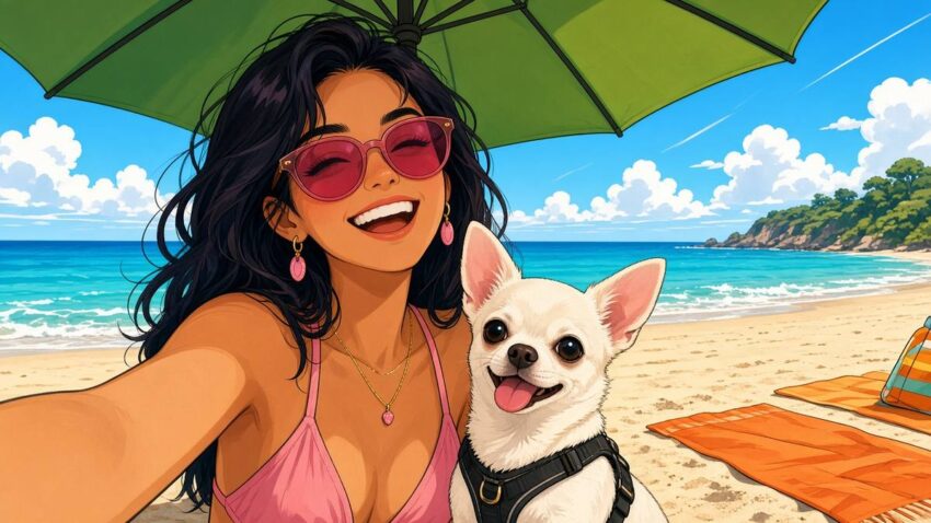 Comic illustration of a smiling woman in sunglasses taking a beach selfie while a proud white chihuahua steals the picture