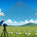 Are Those Birds, or Did a Thousand Drones Just Steal the Sky? Comic illustration of a huge swarm of small drones rising in formation over a green field under a bright cloudy sky