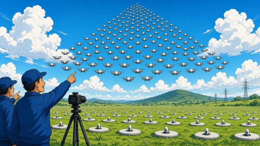 Comic illustration of a huge swarm of small drones rising in formation over a green field under a bright cloudy sky