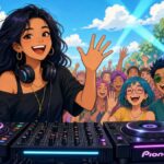 Can One Wave of the Hand Turn an Entire Club Into a Dance Floor? Comic of a smiling female DJ behind glowing decks waving at the crowd