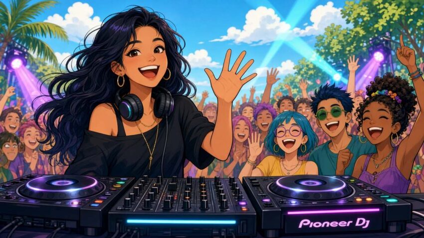Comic of a smiling female DJ behind glowing decks waving at the crowd