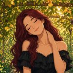 Comic illustration of a calm red-haired woman doing a gentle neck stretch among golden autumn vines in a garden