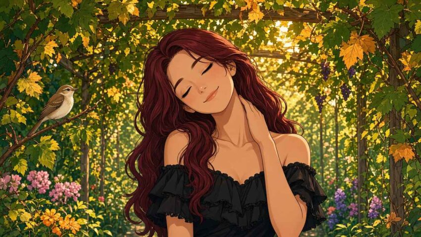 Comic illustration of a calm red-haired woman doing a gentle neck stretch among golden autumn vines in a garden