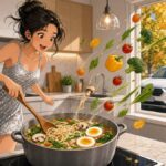 What Happens When Your Husband Comes Home Early and Dinner Is Still a Plan? Comic illustration of a woman rushing to cook dinner in a bright kitchen while her husband parks in the driveway outside
