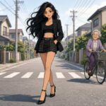 Comic illustration of a confident young woman in a black blazer striding down a quiet sunny Japanese residential street