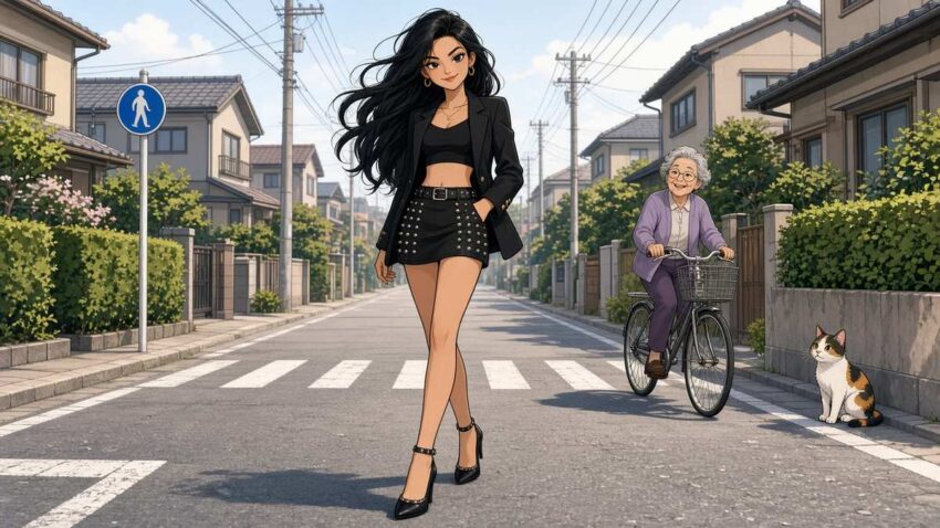 Comic illustration of a confident young woman in a black blazer striding down a quiet sunny Japanese residential street