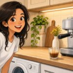 Comic of a cheerful woman making espresso at a sunny kitchen counter next to a washing machine