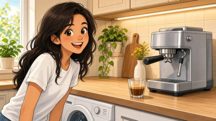 Comic of a cheerful woman making espresso at a sunny kitchen counter next to a washing machine