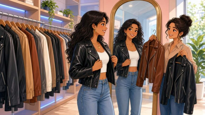 Comic illustration of a stylish young woman trying on a black leather jacket in front of a mirror in a bright boutique