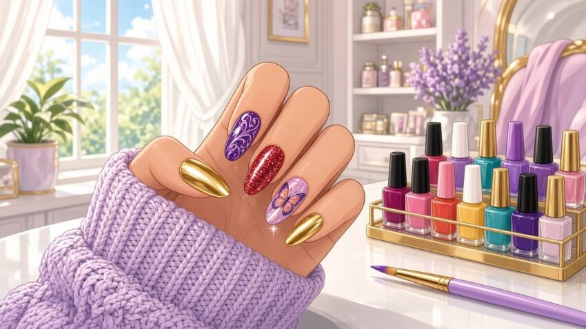Comic illustration of a bright nail studio with a hand showing colourful glossy nail art designs