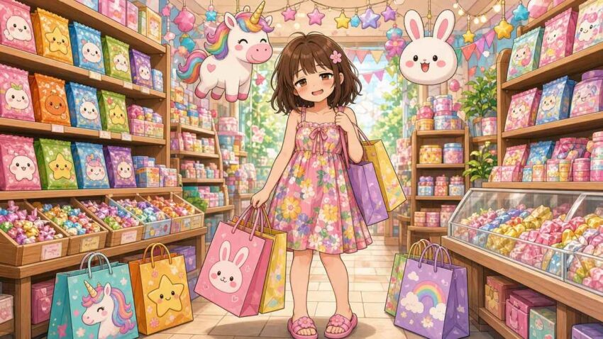 Comic of an overwhelmed shopper in a bright Japanese candy store with unicorn decorations