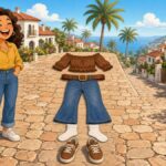 Comic illustration of a cheerful blonde woman next to a flat lay of her outfit with flared jeans and brown sneakers on a sunny pavement