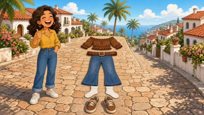 Comic illustration of a cheerful blonde woman next to a flat lay of her outfit with flared jeans and brown sneakers on a sunny pavement