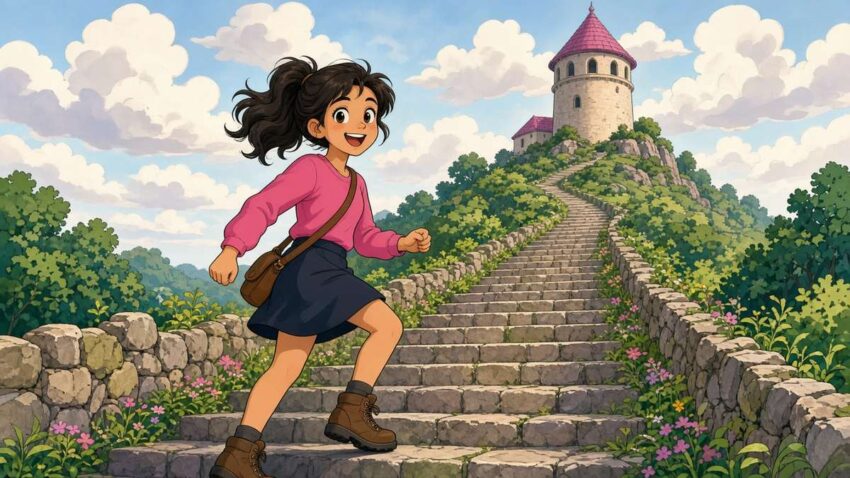 Comic of a woman in a bright pink top climbing wide stone stairs toward a hilltop tower