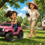 Can a Little Pink Jeep Really Outrun Its Own Grown-Up Escort? Comic illustration of a happy little girl racing a pink toy jeep across a big green lawn while an adult runs to keep up