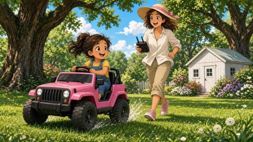Comic illustration of a happy little girl racing a pink toy jeep across a big green lawn while an adult runs to keep up