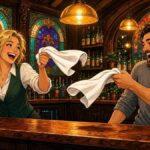 Is the Bar Towel Flick the Most Underrated Sport in British Pubs? Comic illustration of two cheerful bartenders playfully flicking bar towels behind a cosy wooden pub counter