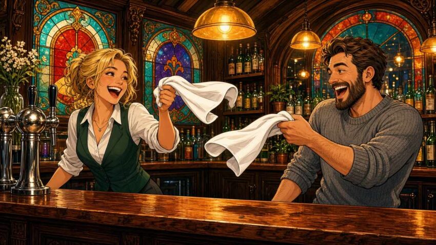 Comic illustration of two cheerful bartenders playfully flicking bar towels behind a cosy wooden pub counter