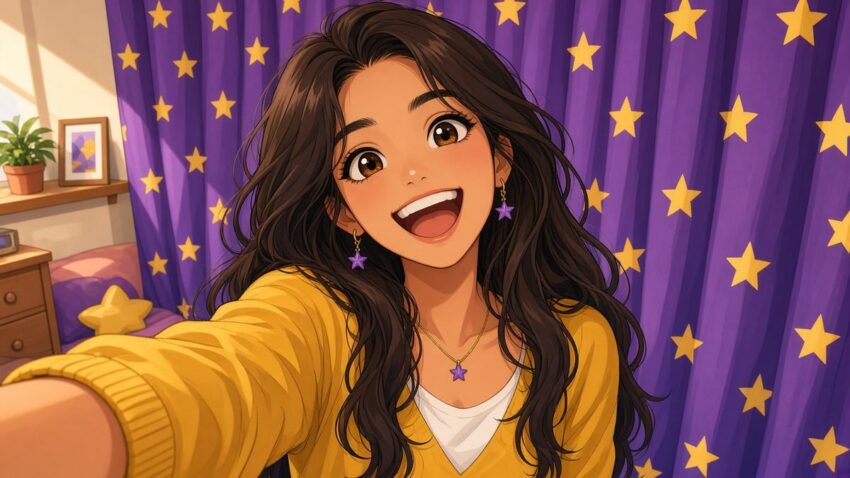 Comic of a smiling woman with long dark hair in front of a bright purple patterned curtain