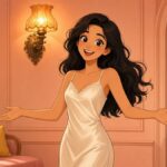 Comic of a woman in a satin slip posing dramatically under a warm wall lamp