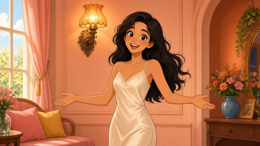 Comic of a woman in a satin slip posing dramatically under a warm wall lamp