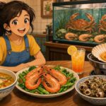 Is This the Most Ambitious Seafood Dinner Ever Ordered for One Person? Comic illustration of a happy young woman enjoying a huge seafood feast with soup, prawns and a flaming grill at a restaurant