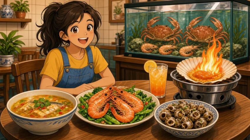 Comic illustration of a happy young woman enjoying a huge seafood feast with soup, prawns and a flaming grill at a restaurant