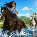 Comic illustration of a confident rider in sunglasses galloping a dark horse through a sparkling shallow stream