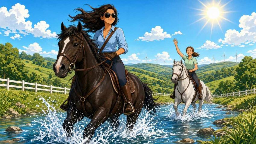 Comic illustration of a confident rider in sunglasses galloping a dark horse through a sparkling shallow stream