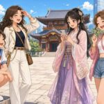 Comic illustration of a group of stylish young friends on a city trip while one friend squats down to rest at every stop