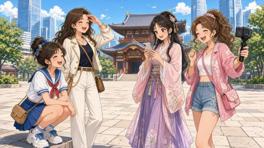 Comic illustration of a group of stylish young friends on a city trip while one friend squats down to rest at every stop
