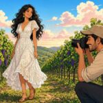Comic illustration of a model posing in a white summer outfit between green vineyard rows while a photographer takes pictures