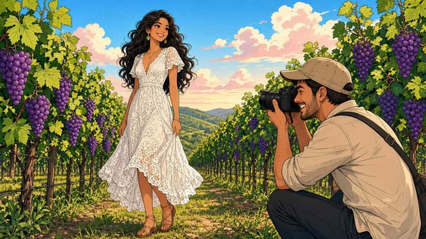 Comic illustration of a model posing in a white summer outfit between green vineyard rows while a photographer takes pictures
